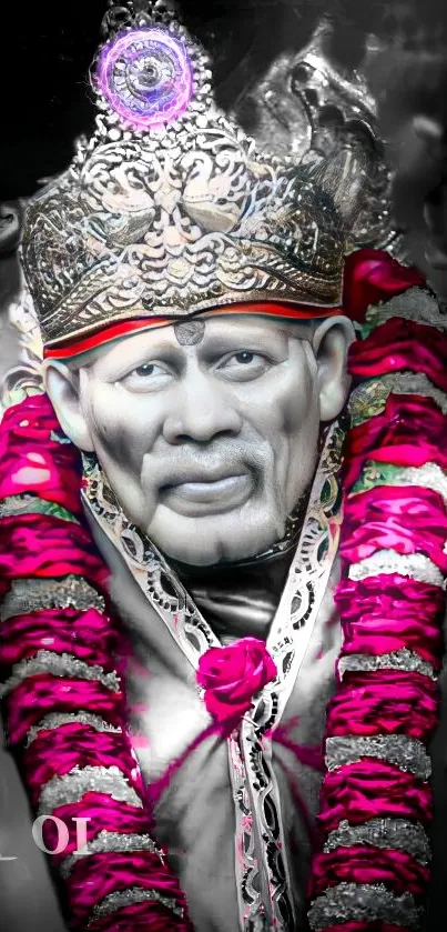 Sai Baba with vibrant pink garland and ornate crown.