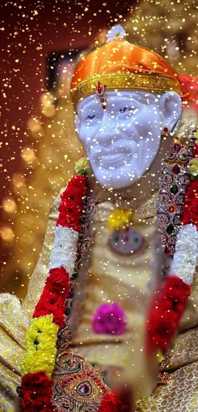 Sai Baba with vibrant garlands and golden aura in serene wallpaper.