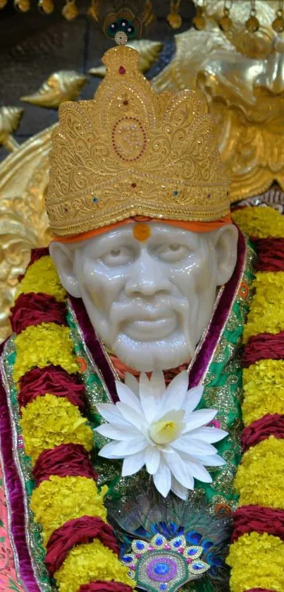 Sai Baba decorated with a golden crown and colorful garlands.