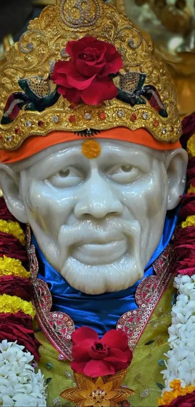 Sai Baba adorned with vibrant garlands and colorful headdress.