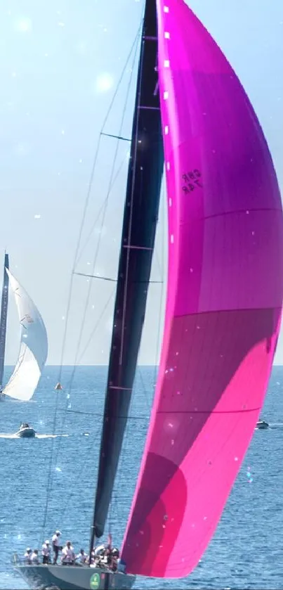 Sailboat with magenta sail on the open sea.