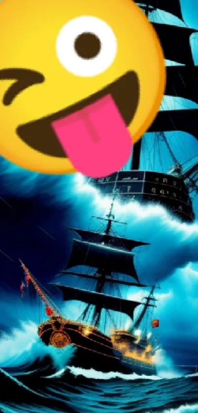 Pirate ship in stormy seas with a playful emoji overlay.