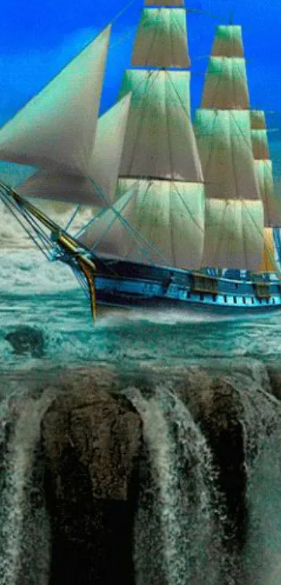 Sailing ship navigates over ocean waterfall in vibrant mobile wallpaper.