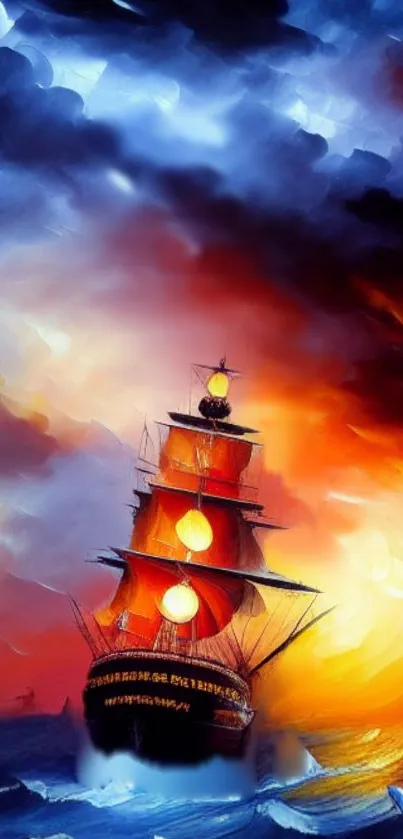 Colorful sailing ship with sunset sky.