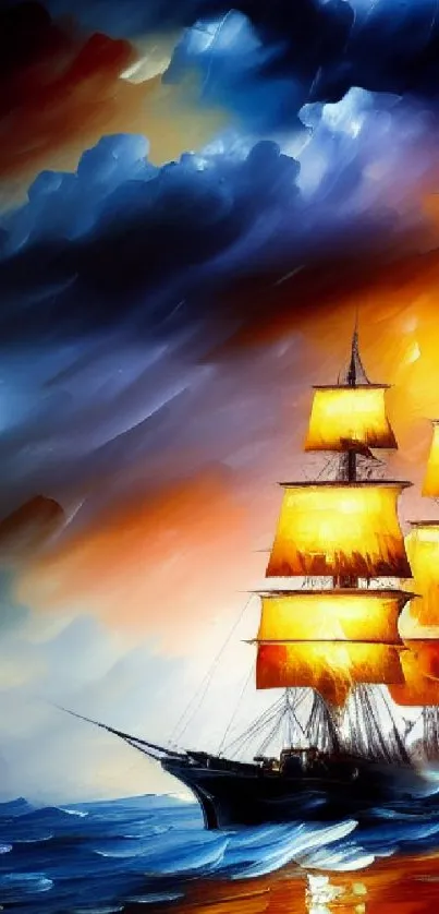 Vibrant painting of a sailing ship under a dramatic, colorful sky.