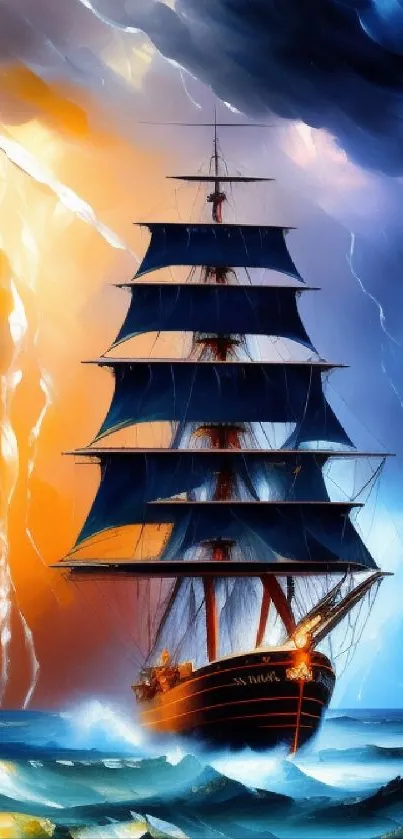 Artistic sailing ship amidst colorful sky and waves.