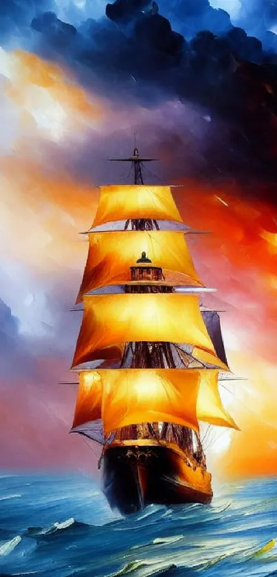 Majestic sailing ship with vibrant orange sails on a stormy sea under a dramatic sky.