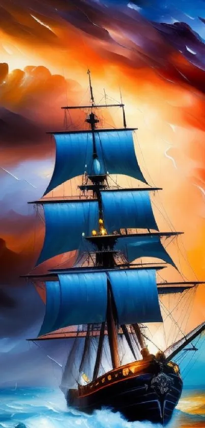 Vibrant artwork of a sailing ship against a dramatic sky.