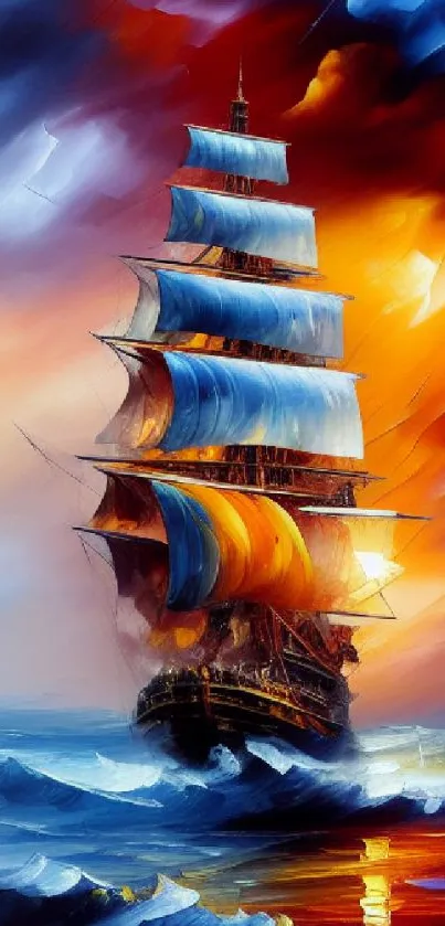 Vibrant sailing ship with a dramatic sky and ocean waves.