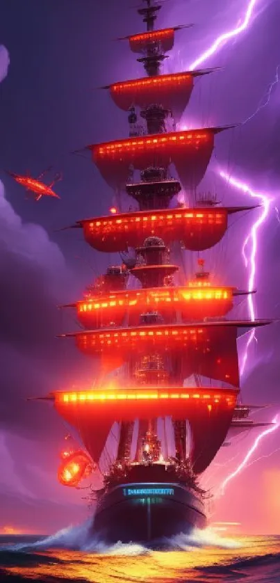 Sailing ship with red sails in a purple lightning storm.