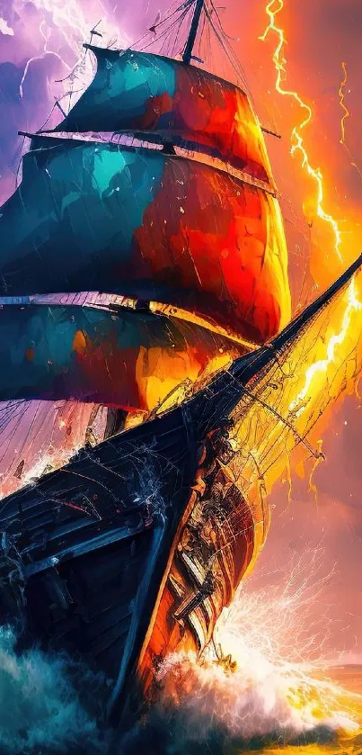 Dynamic ship in vibrant colors battling through a storm at sea.