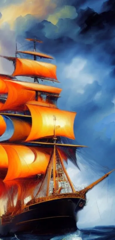 Sailing ship with orange sails on a colorful ocean background.