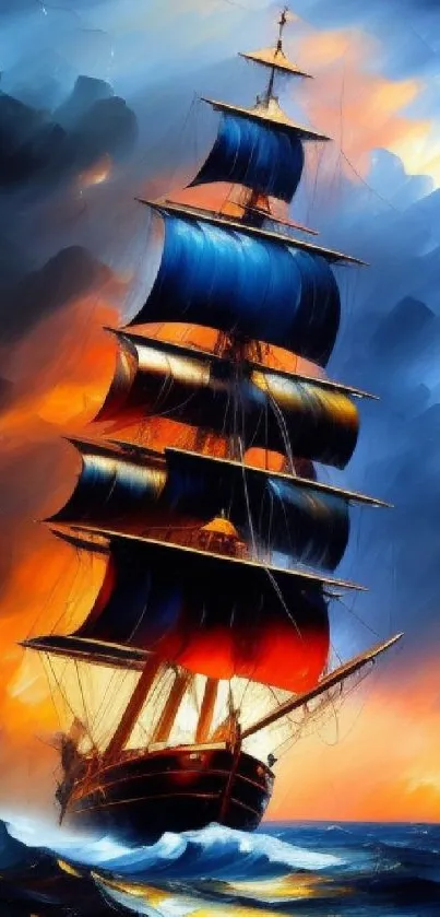 Artistic wallpaper of a vibrant ship sailing through a dramatic, colorful ocean scene.