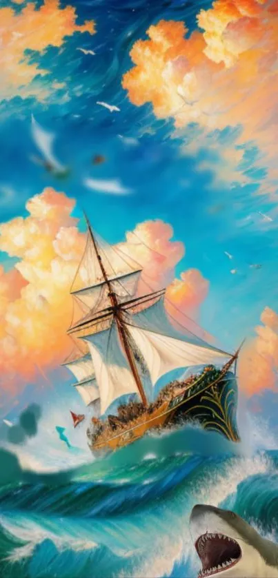 Vibrant ship sailing on ocean with colorful sky.