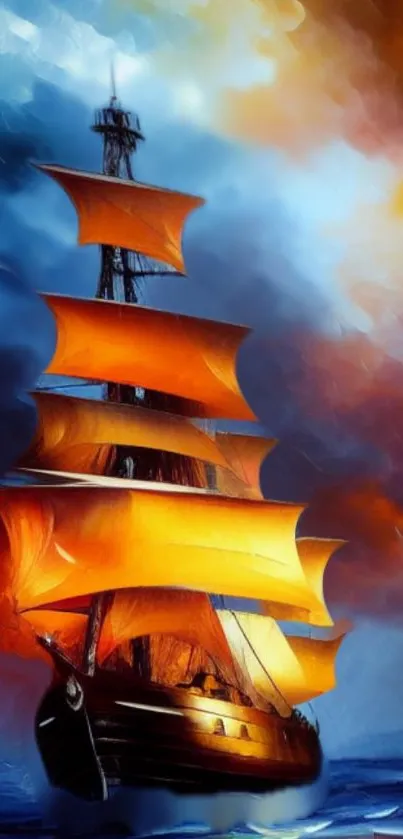 Vibrant ship with orange sails on ocean.