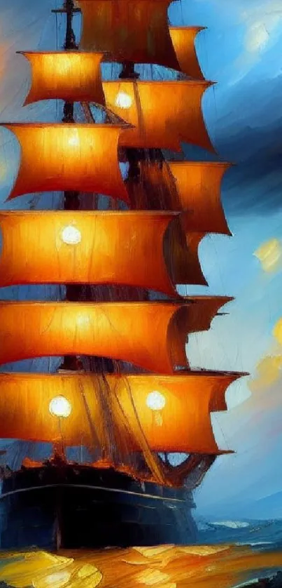 Vibrant sailing ship with orange sails against a stunning sky and ocean backdrop.