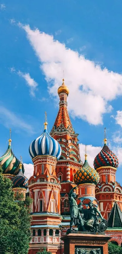 Saint Basil's Cathedral with a sky blue background and multicolored domes.