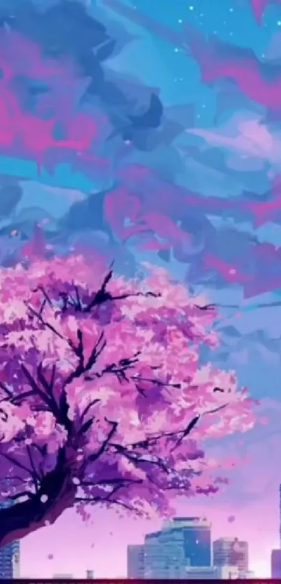 Sakura tree and cityscape at sunset with vibrant pink and purple hues.