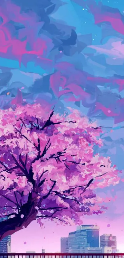 Colorful digital art of cherry blossom tree at night.