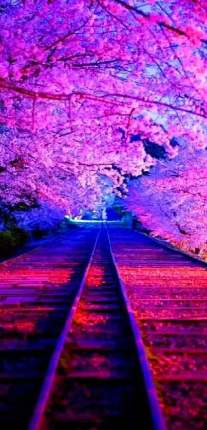 Vibrant cherry blossom tunnel over railway in pink hues.