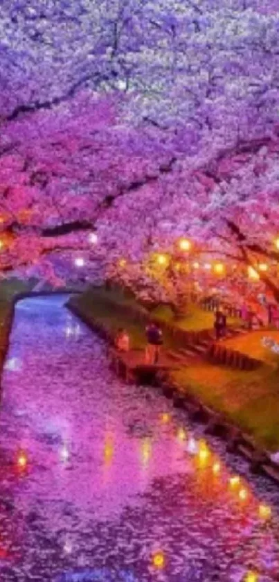 Cherry blossoms and lanterns along a serene river at night, featuring vibrant purple hues.