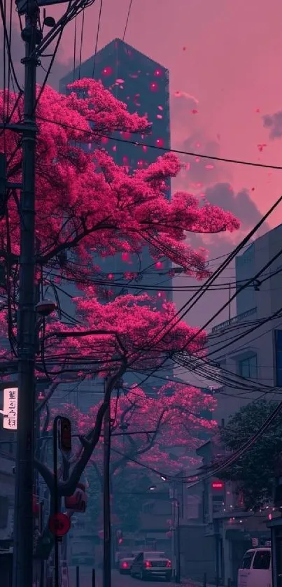 Sakura trees in urban street at twilight with a pink sky.