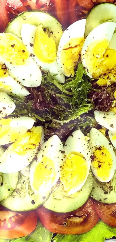 Colorful salad with eggs, cucumbers, and tomatoes in a vibrant design.