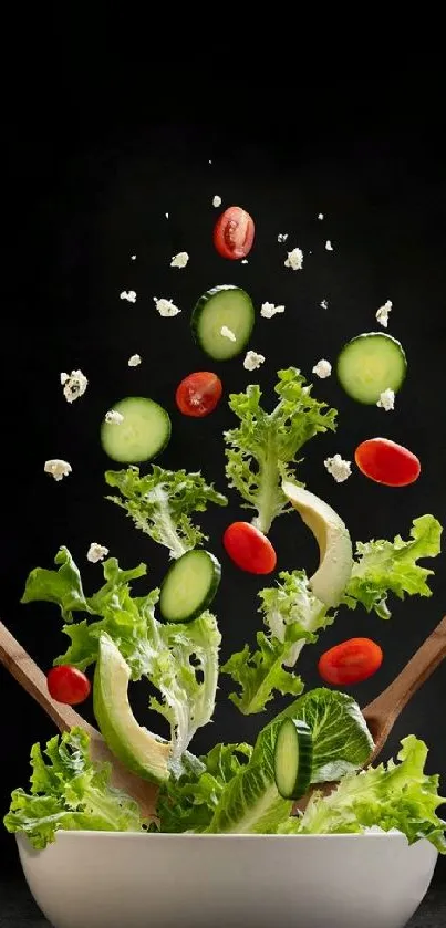 Vibrant salad with vegetables flying in a bowl on black background.