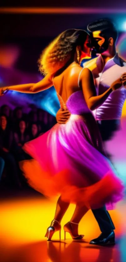 Vibrant salsa dancers in colorful art.