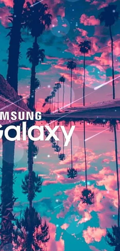 Vibrant Samsung Galaxy wallpaper with pink and blue mirrored palm trees.