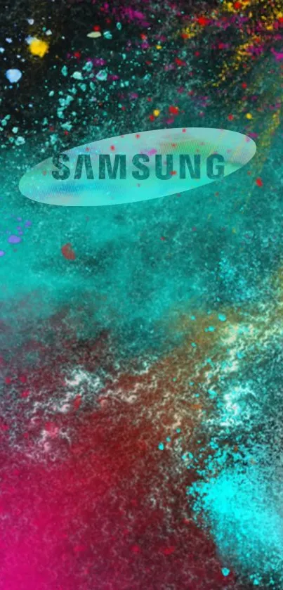 Samsung wallpaper with vibrant turquoise and magenta color splash.