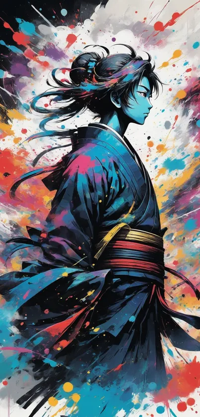 Vibrant samurai artwork with colorful abstract splashes.