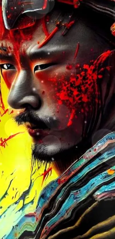 Vibrant samurai art with bold colors.