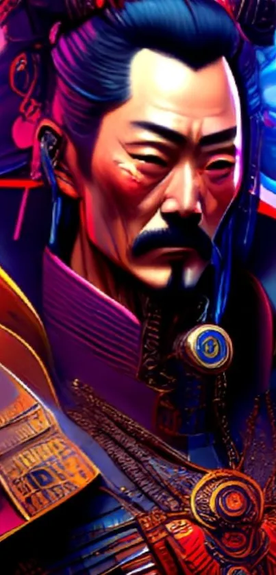 Samurai art with vibrant colors on mobile wallpaper.