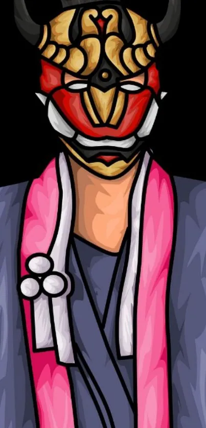 Artistic samurai mask with vibrant colors on mobile wallpaper.