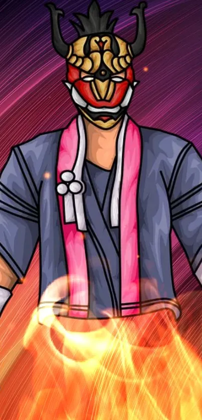 Anime-style samurai mask with fiery background and purple hues.