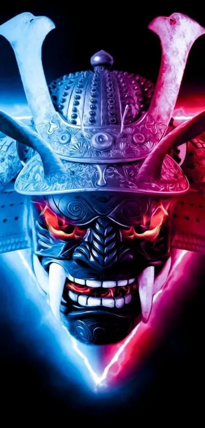 Samurai mask with neon lights in vibrant colors.