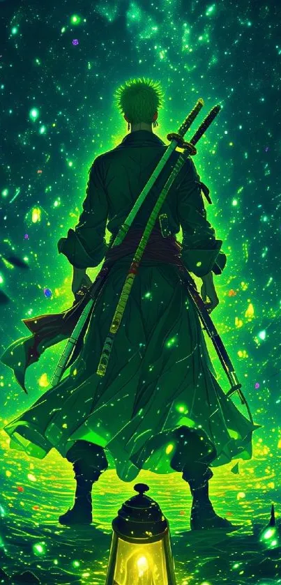 Samurai in green glow sci-fi wallpaper, vibrant with stars.