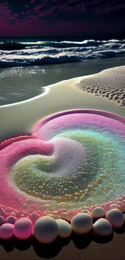 Colorful sand art on the beach with vibrant ocean waves.