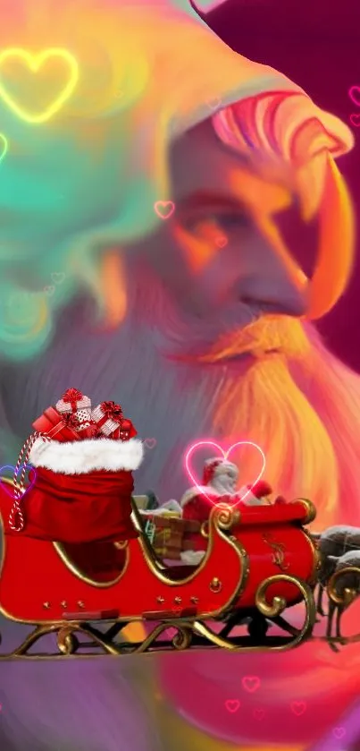Vibrant Santa Claus and sleigh with reindeer in colorful festive setting.