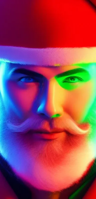 Neon-lit Santa Claus in vibrant colors, modern digital art.