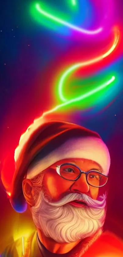 Colorful Santa with neon lights on festive mobile wallpaper.