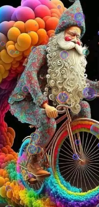 Whimsical Santa on a rainbow bicycle with colorful swirls.