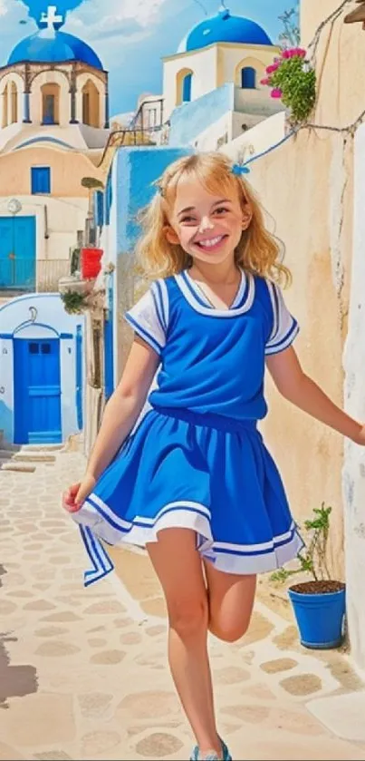 A child in a blue dress plays in a vibrant Santorini street scene.