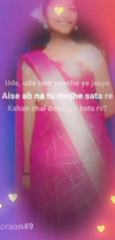 Woman in pink sari with hearts and text overlay
