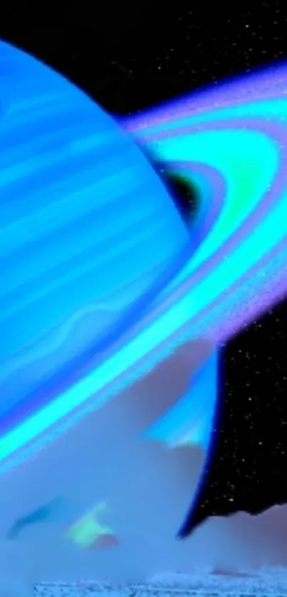 Vibrant blue Saturn with rings against a starry sky background.