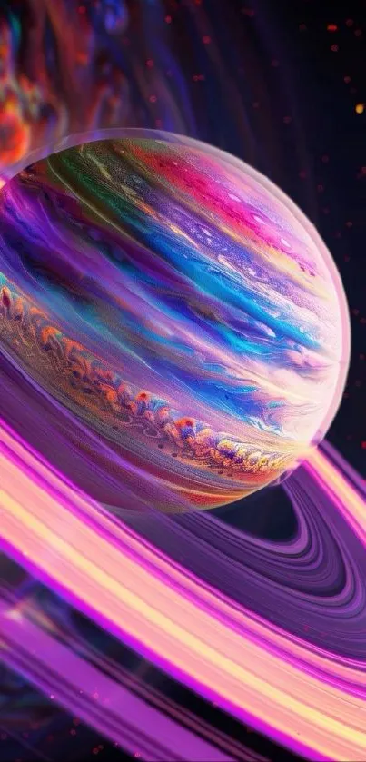 Vibrant digital artwork of Saturn with colorful rings.
