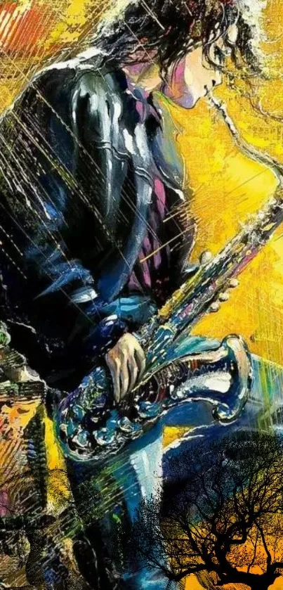 Vibrant saxophonist artwork with a bright yellow backdrop.