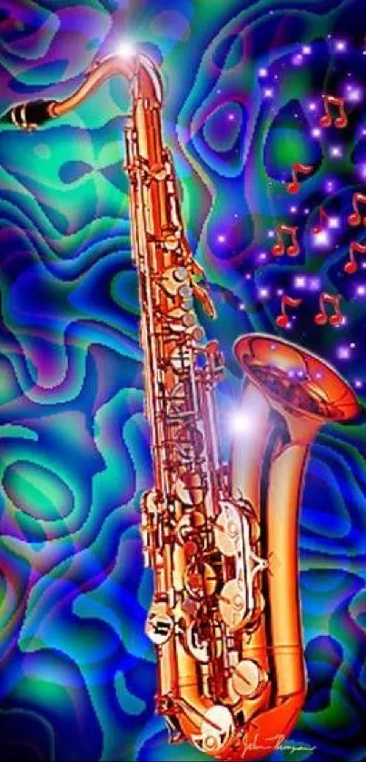 Vibrant saxophone with colorful abstract background.
