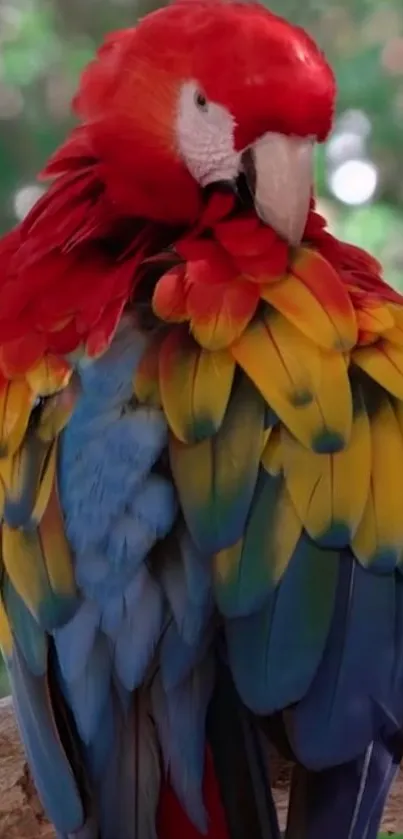 Vibrant scarlet macaw with colorful feathers in a natural setting.